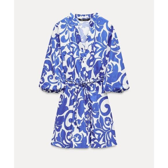 Zara Women Tile Dress S Blue White Sicilian Button Up Linen Viscose Blend NWD - Picture 2 of 9